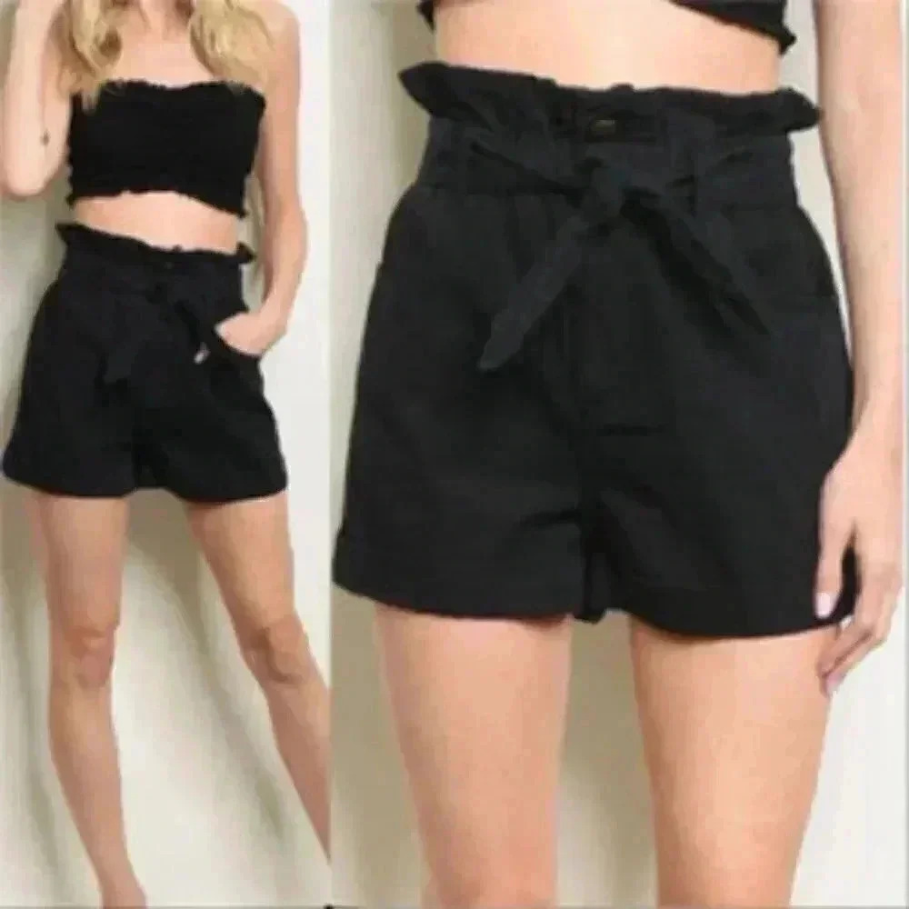BLACK DENIM HIGH WAIST SHORTS - Picture 2 of 4